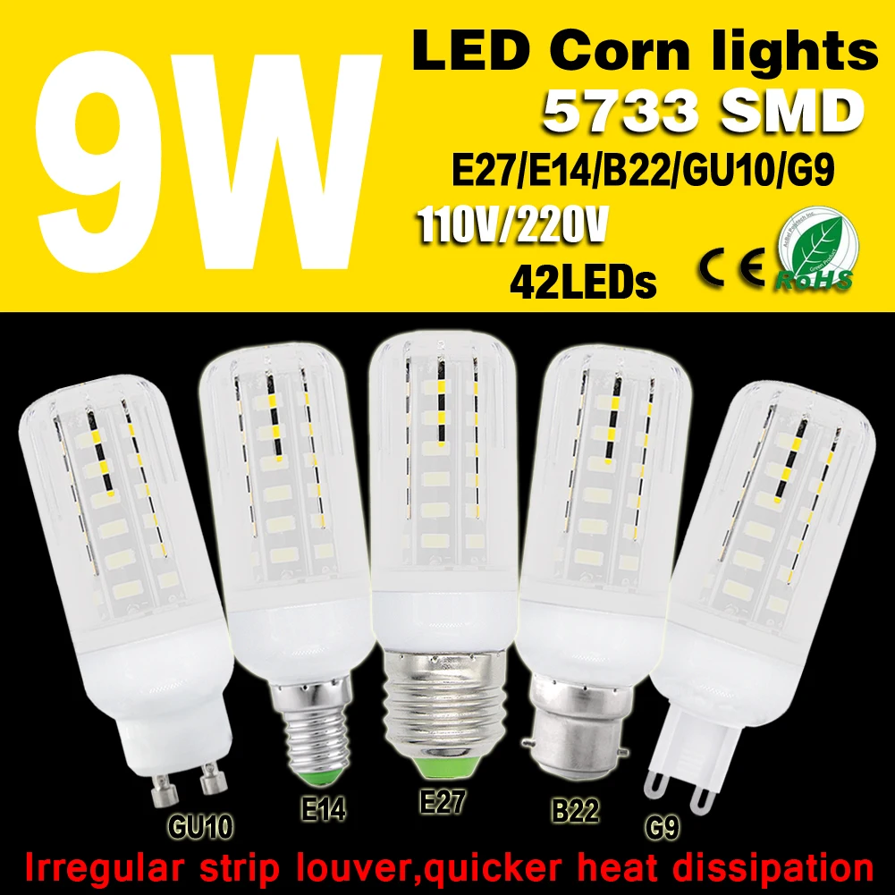 

Bright 42 LEDs Corn Bulb Lamp Milky White 9W 5733SMD E27/E14/G9/GU10/B22 Light 42LED Corn Bulb Efficiency 5733