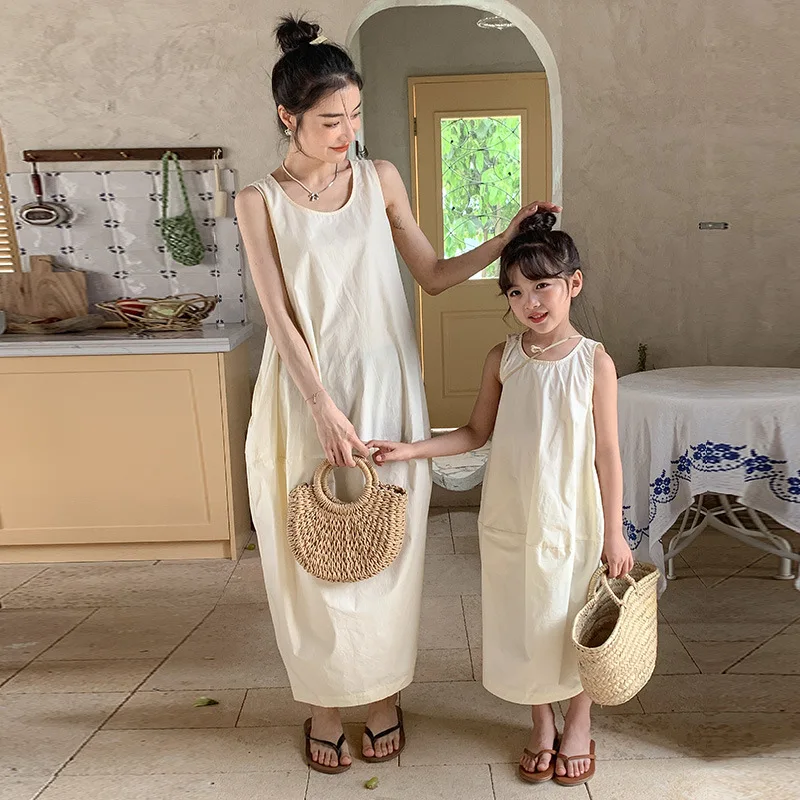 

Элегантное бежевое платье без рукавов для мамы и дочери, модель 2023 года, летнее цельное платье для мамы, девочки, как мама, как дочь