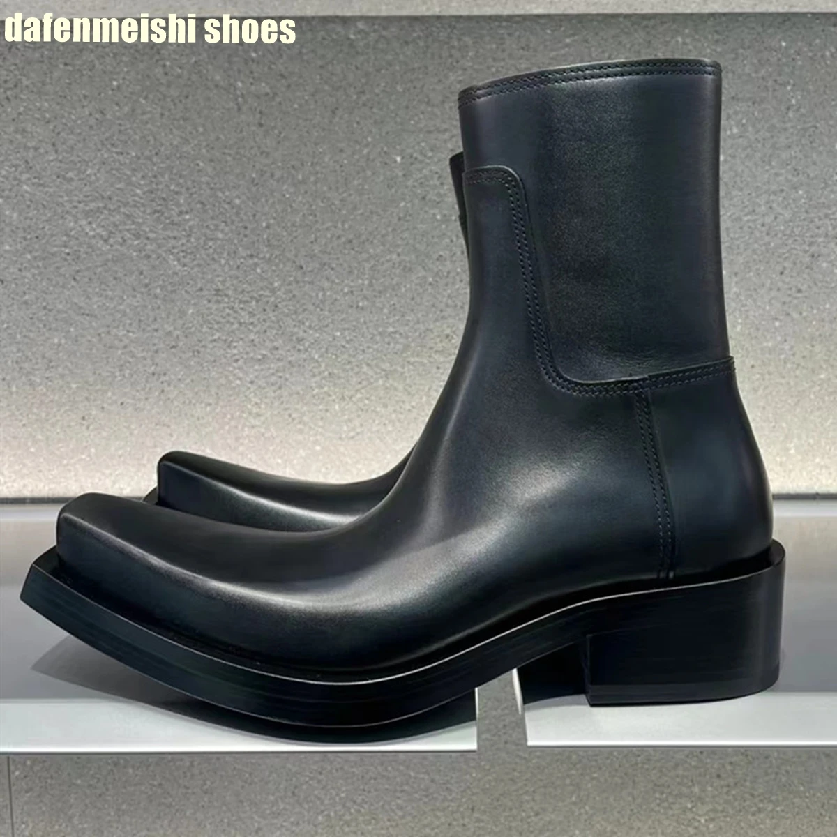 

Ботинки-челси на толстом каблуке для мужчин и женщин, туфли без каблука, квадратный носок, боковые молнии, черные, на платформе, кожаные
