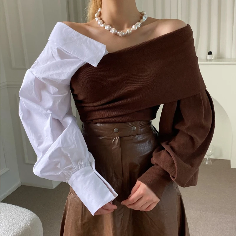 

Patchwork Women Blouse Fashion Designed Korean Long Sleeve Shirts Elegant Turn Down Collar Spring Ladies Tops New