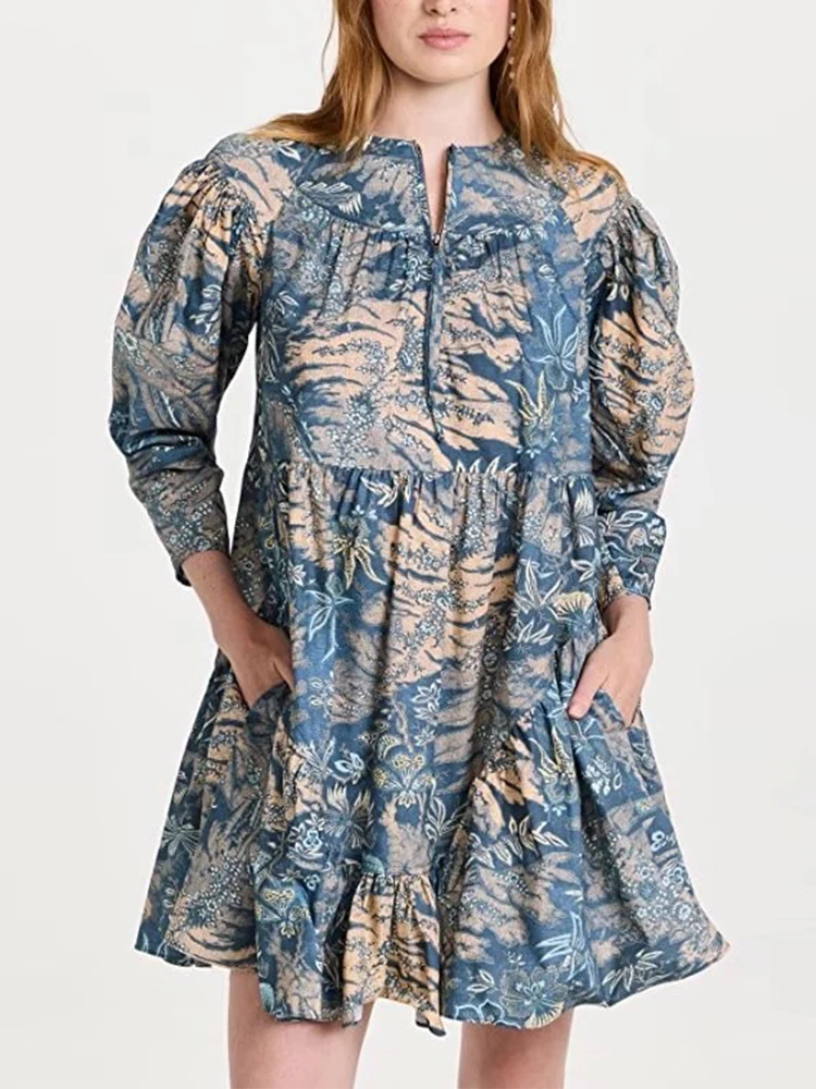 

TFMLN Spring Women Printed Loose Dress 2022 Vintage Female Mini Long Sleeve Dresses Causal O-neck Oversize Skirt