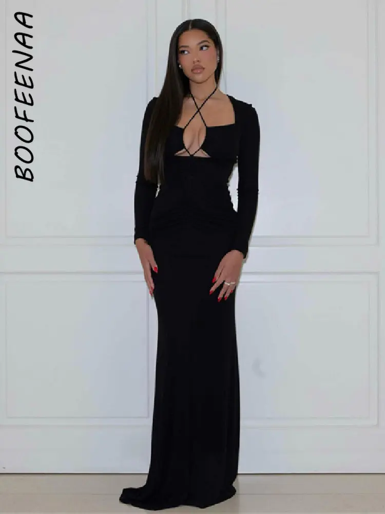

BOOFEENAA ажурное длинное платье с лямкой через шею для женщин, элегантные сексуальные вечерние платья, все черные наряды для ночного клуба