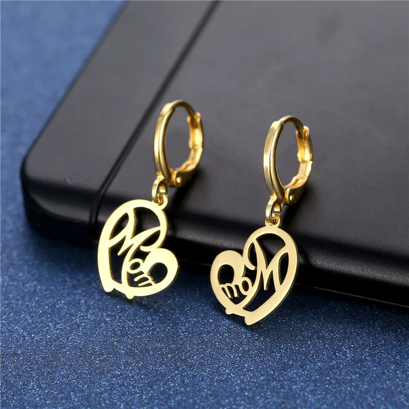

Stainless Steel Gold Color Heart Love MAMA Letter Earrings Love Heart Mom Daughter Figure Jewelry Set Mother's Day