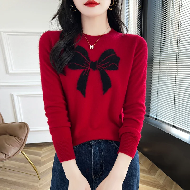 Новинка на раннюю осень свитер из чистой шерсти и кашемира с бантом Женский