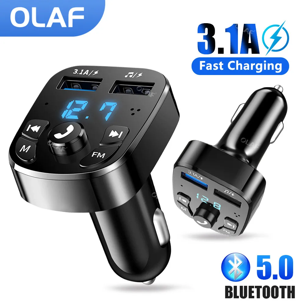 

Автомобильное зарядное устройство Olaf, FM-передатчик, Bluetooth 5,0, громкая связь, автомобильный комплект, аудио mp3-плеер, быстрое зарядное устройс...