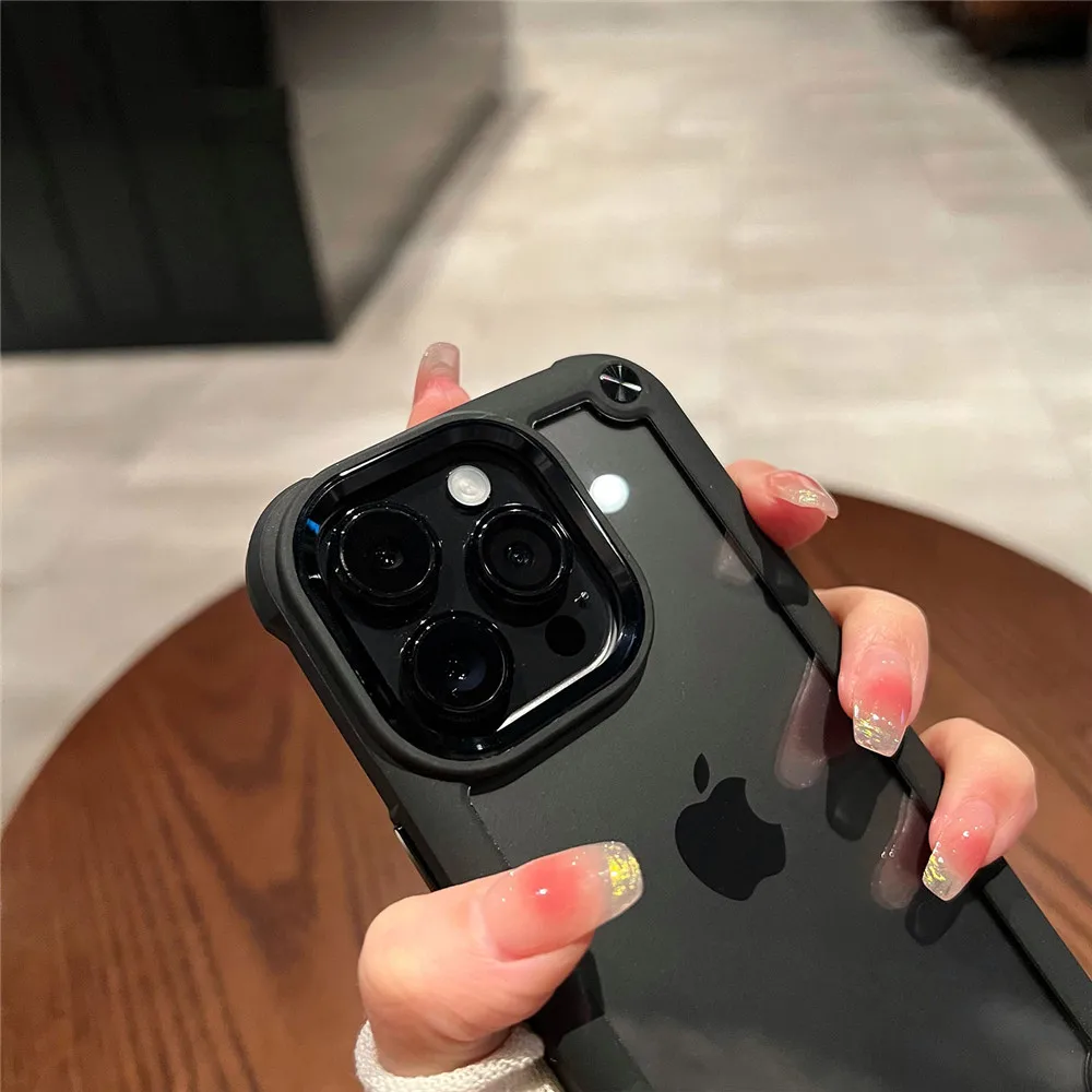 Luxury Clear Armor Shockproof Acrylic Hard Case for iphone 14 Pro Max 13 12 Pro 11 X XS XR 7 8 Plus SE Metal Button Cover