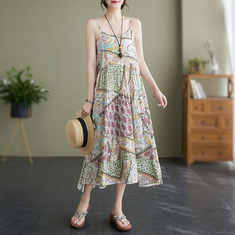 

YCMYUNYAN 2023 New Flower Dress Slash Neck Sleeveless Summer A-LINE Loose Empire Camisole Clothing Vintage Women's Dresses