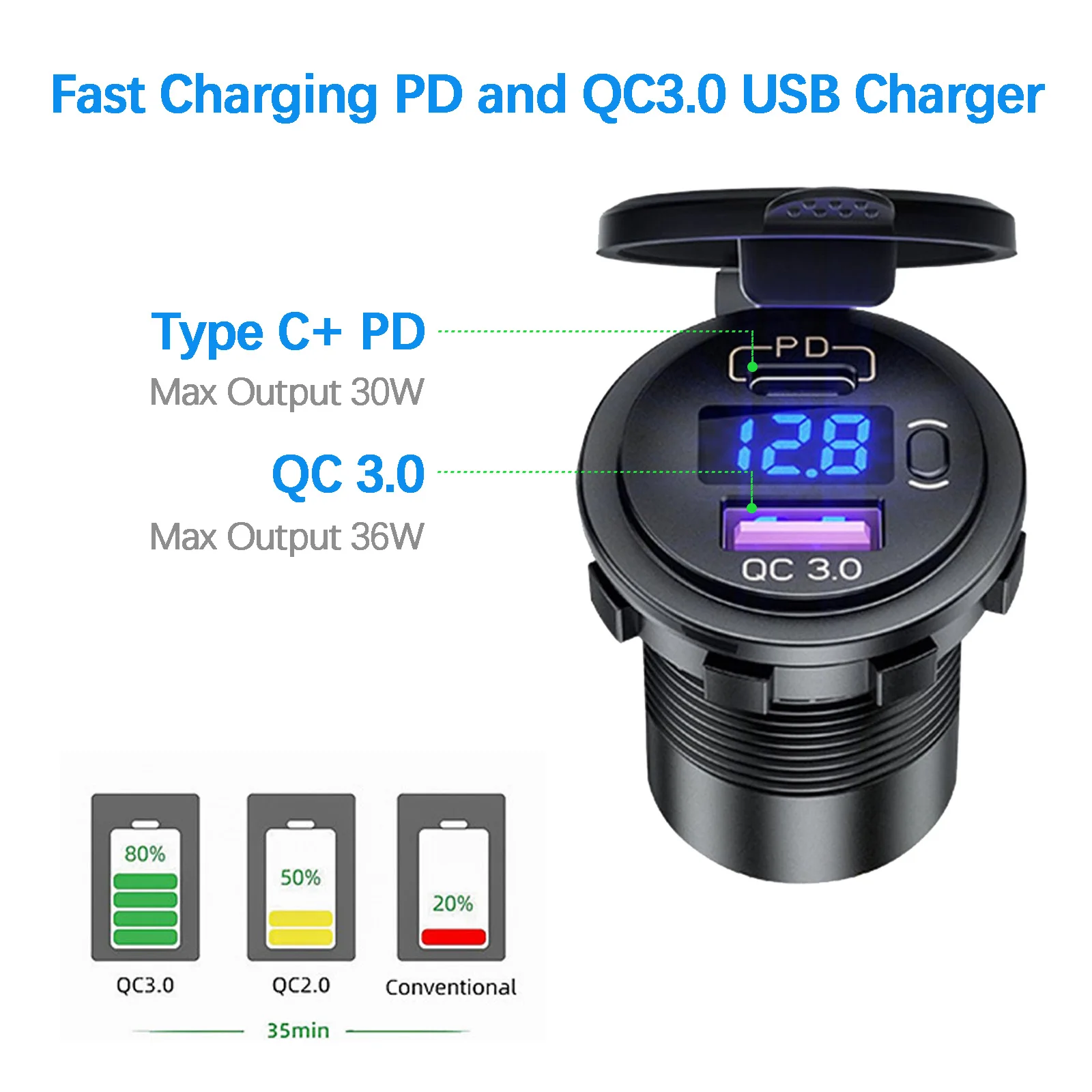 Быстрое зарядное устройство USB 12-24 в 66 Вт QC 3 0 и разъем PD Type C синий светодиодный
