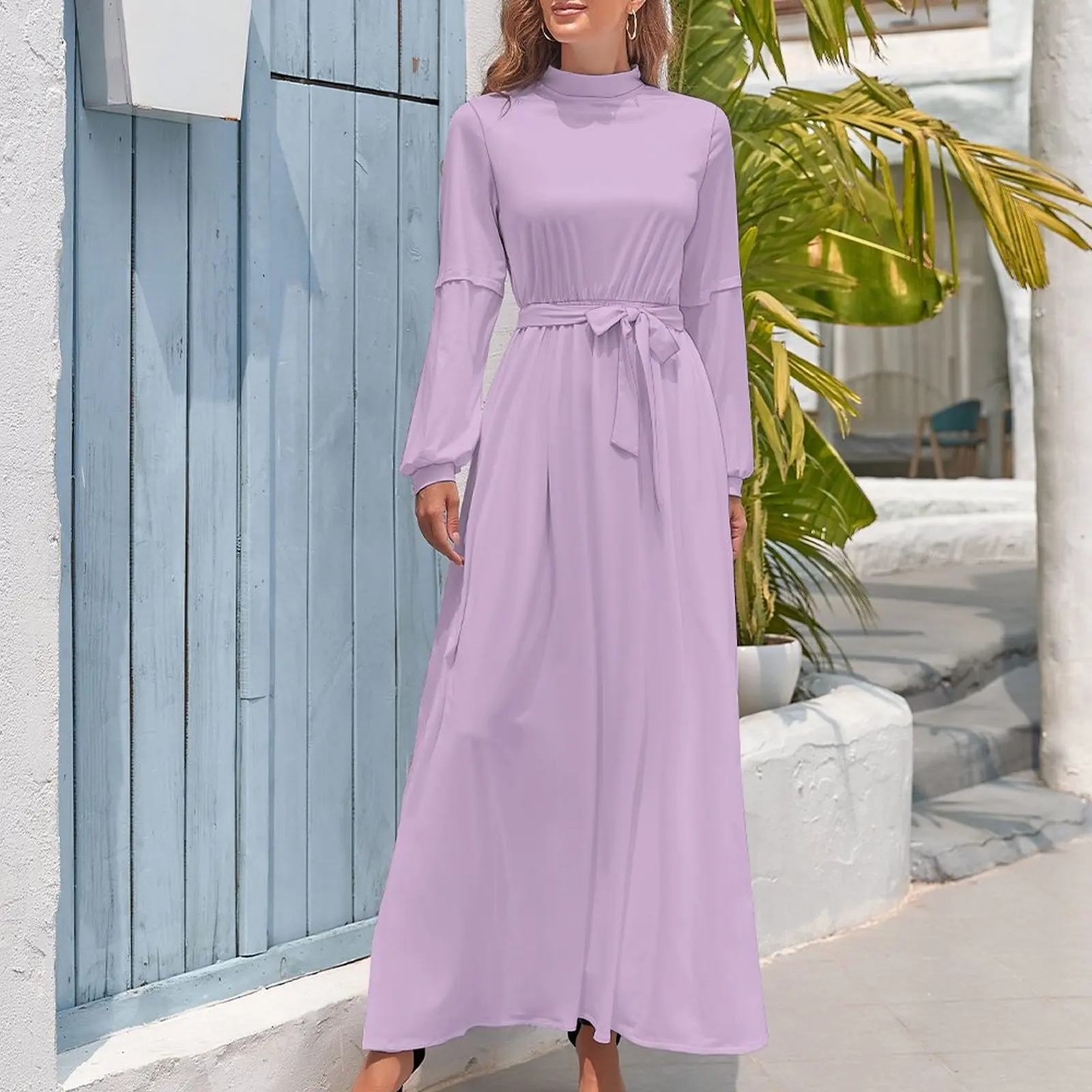 

2023 Purple High Collar Summer Long Dress Ankle-length Solid Color Elegant Outfits Ladies Birthday Party Club Clothing