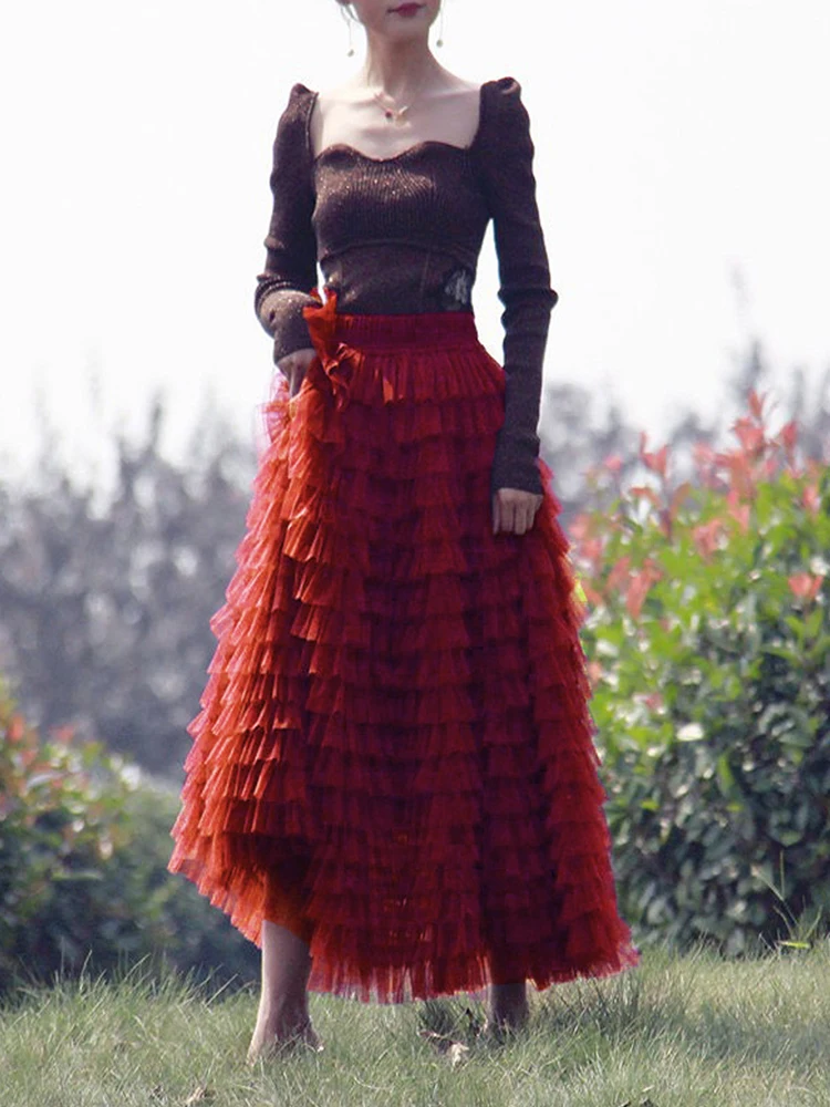 

DesireFair Summer New Women's Simple Paired Long Skirt Solid Color Atmospheric High Quality Net Red Cake A Word Half Body Skirt