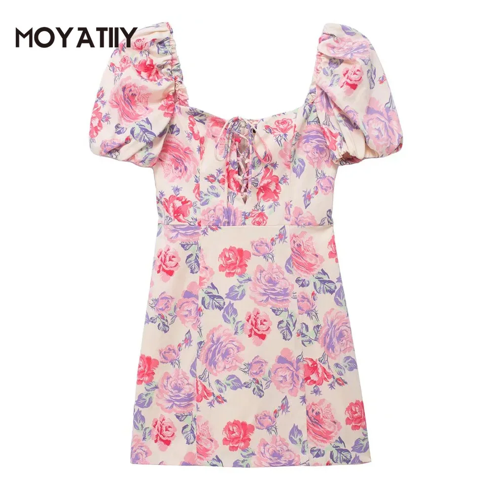 

MOYATIIY Women 2022 Fashion Floral Print Summer Dress Retro Rose Pattern Mini Dresses With Lace-up Puff Sleeves Female Vestidos