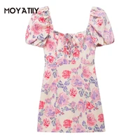 moyatiiy women 2022 fashion floral print summer dress retro rose pattern mini dresses with lace up puff sleeves female vestidos