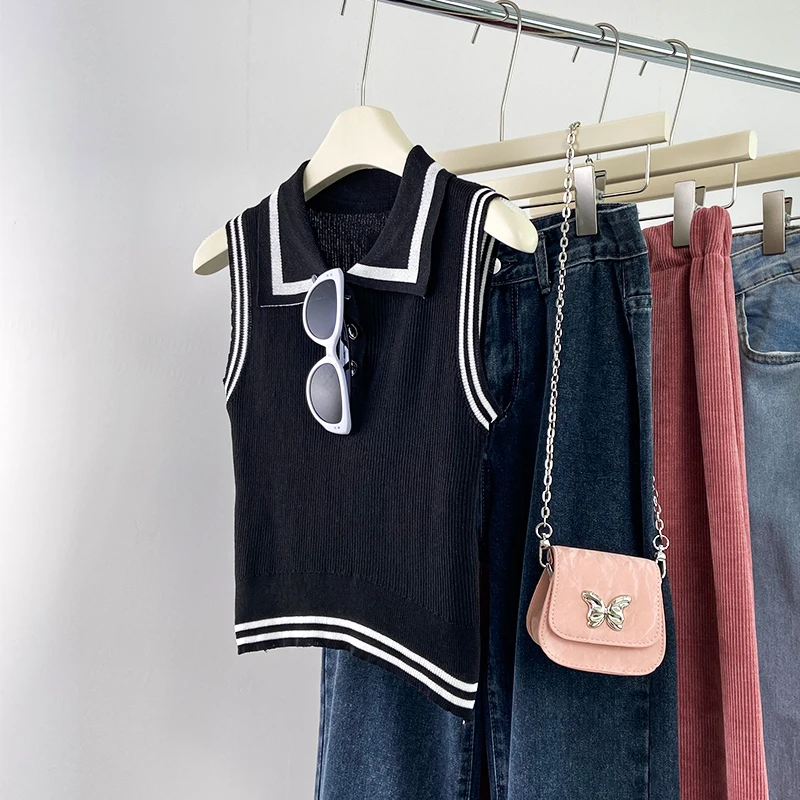 Корейский Стильный элегантный черный топ-поло Sle с воротником Женская летняя