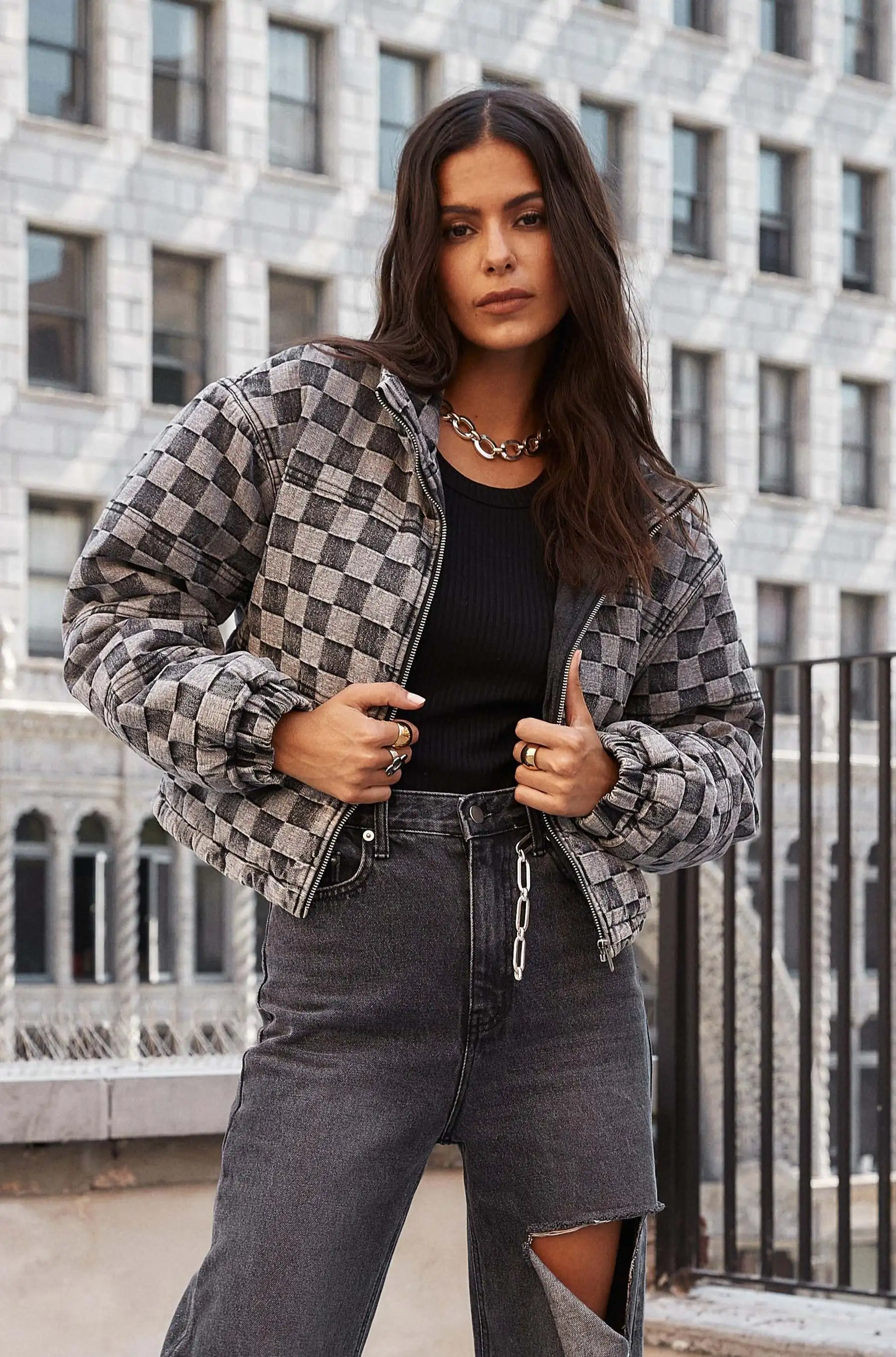 

Autumn New Ladies Plaid Jacket Commuter Motorcycle High Street Urban Fashion Small Stand Collar Short Thick Jacket