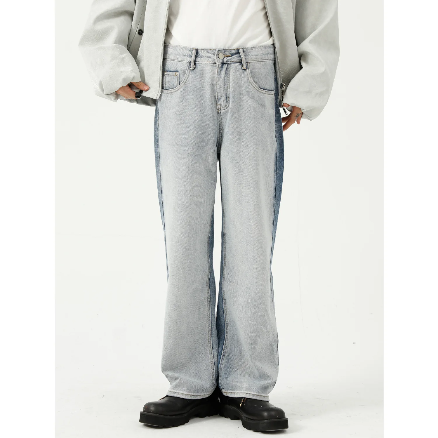 

Джинсы мужские прямые в Корейском стиле, Модные свободные повседневные брюки из денима контрастных цветов