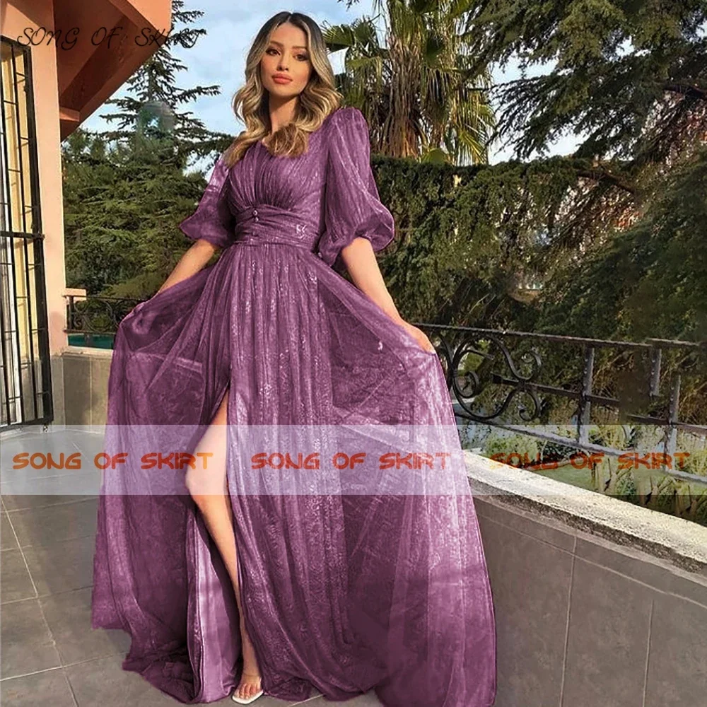 Фиолетовые вечерние платья с рукавами-фонариками и глубоким v-образным вырезом