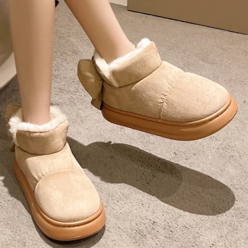 

Женская обувь 2023, модные женские ботинки без шнуровки, зимние однотонные теплые удобные ботинки на низком каблуке с круглым носком из флока и плюша для снега