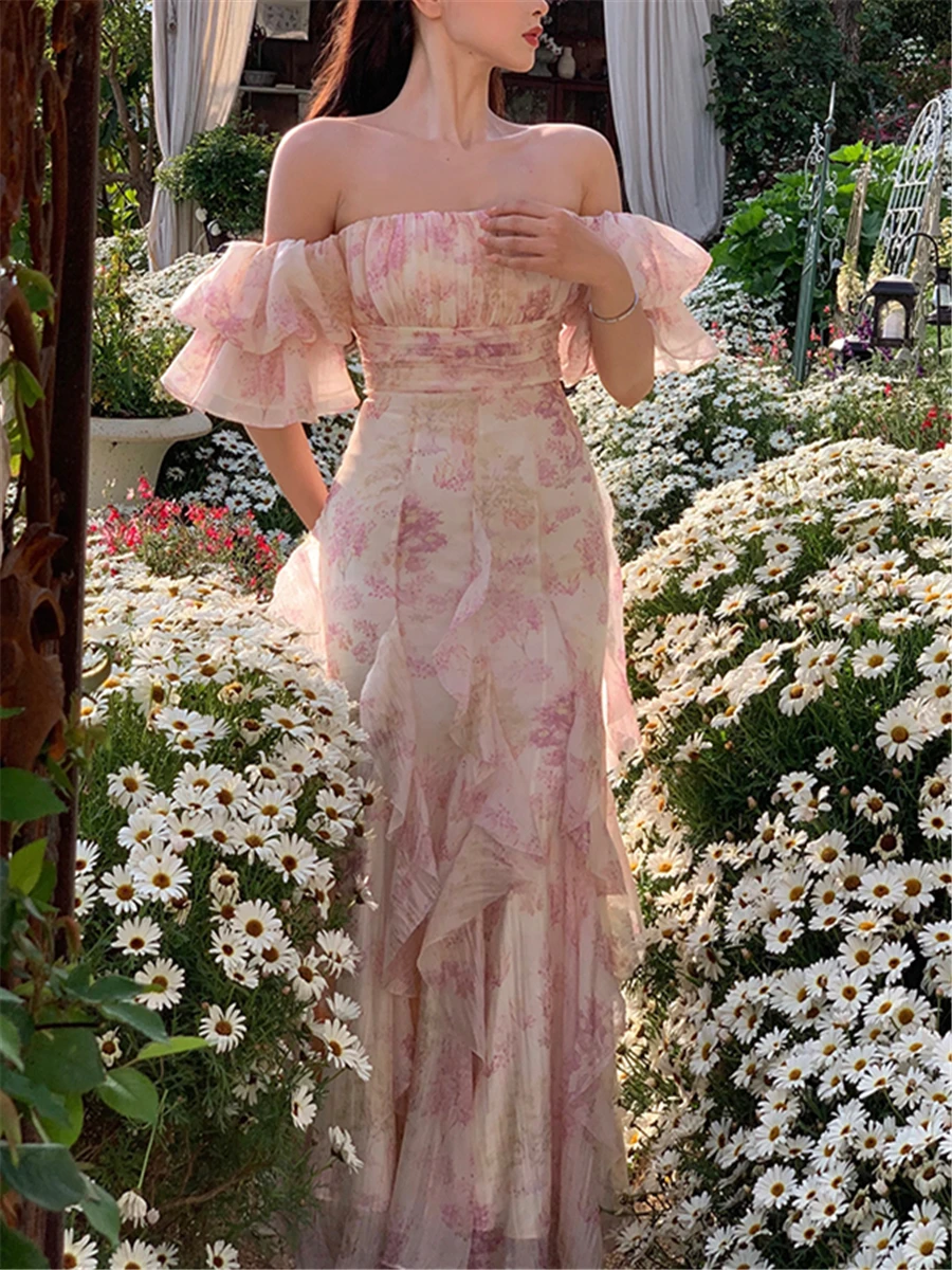 

Midi Dress Women Elegant Korean Summer 2023 New Slash Neck Fashion Evening Party Lady Vestido Vintage Casual Female Sexy Clothes