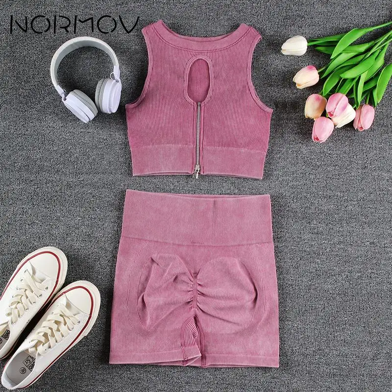 

NORMOV Yoga Set Seamless Zipper Fitness Shorts Push Ups Two Piece Sets Womens Outifits Women Running Workout Clothes for Women