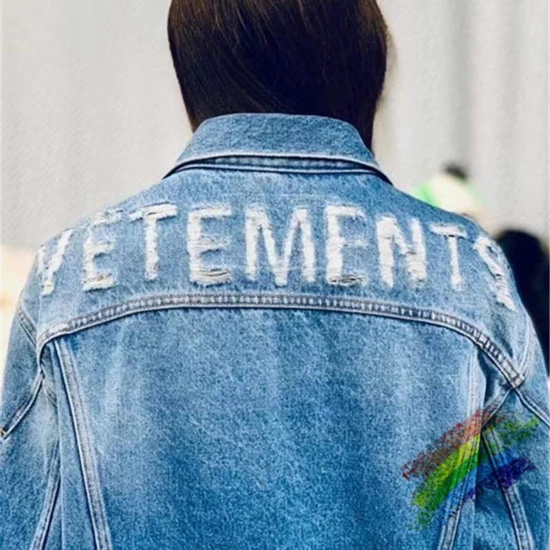 

2021ss Vetements Destroyed Skinny Slim Denim Jacket Men Women 1:1 High-Quality Streetwear Cowboy Men's Jean Jacket