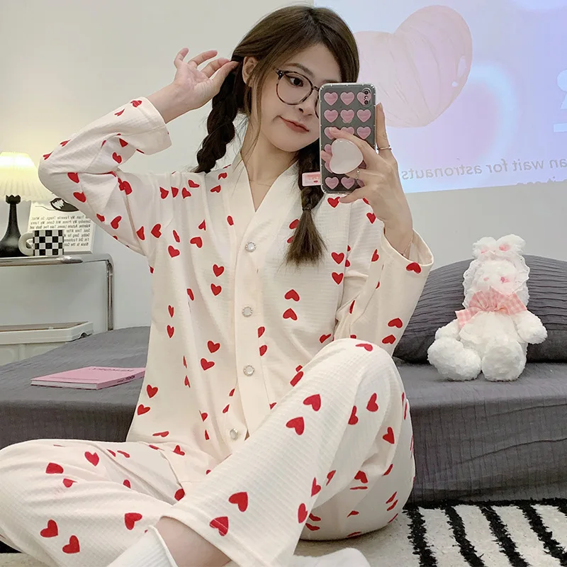 Womens  2 Piece Pajamas Set Floral Printing V-Neck Button Shirt With Trousers Pajama Set Nightwear Pyjama Sleepwear Pijama Mujer