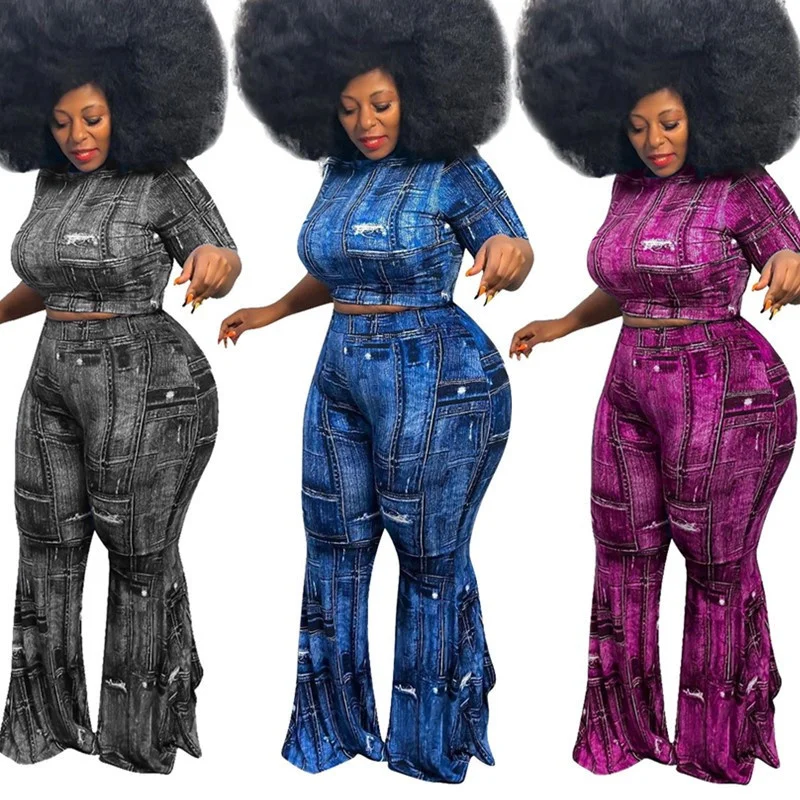Plus Size Clothing Two Piece Set Women Wholesale Pants Sets Crop Top Flared Leggings Super Stretch New Matchi 3xl 4xl 5xl 6xl