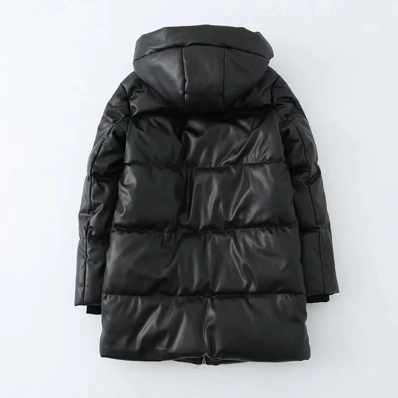 Dave&Di England 2022 Winter Coat Women Fashion Simple Leather Zipper Hooded Warm Long Jacket Vintage Parka Coat Women
