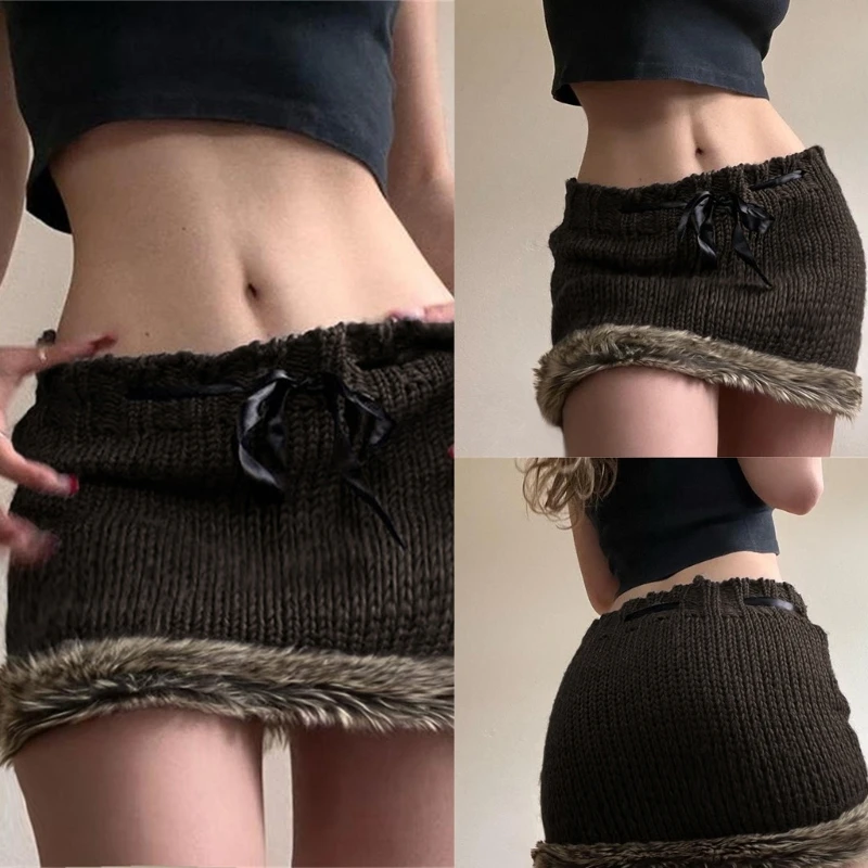 

Women's Knitted Skirt Stylish Lace Up Bodycon Skirts All-matching Pencil Skirts Ladies Plush-Trim Mini Skirt for Winter