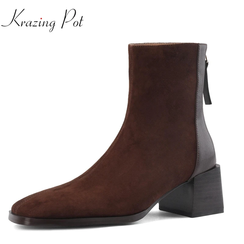 

Krazing Pot 2023 Sheep Suede Square Toe Med Heels Chelsea Boots French Romantic Joker Zipper Retro Fashion Mature Ankle Boots