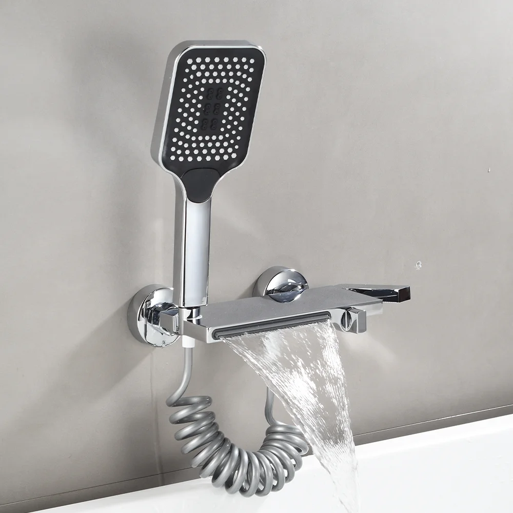 Серый латунный современный смеситель для душа с водопадом настенный ручной