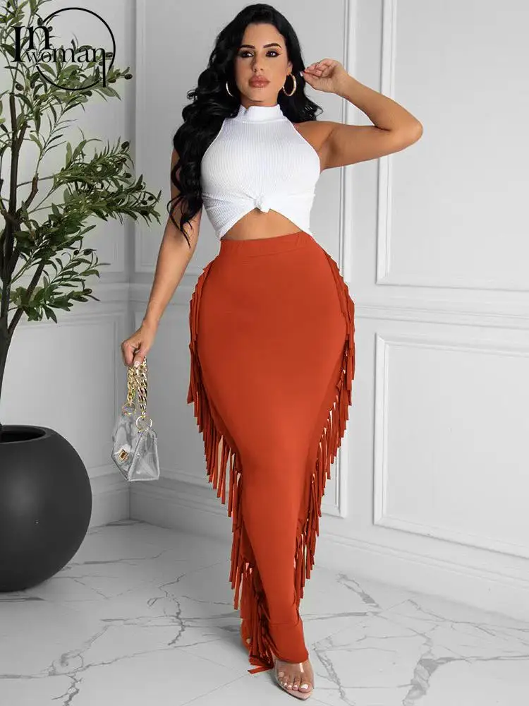 

Осенняя Сексуальная однотонная облегающая юбка Inwoman с бахромой, Клубная одежда для женщин 2023, модная длинная юбка с высокой талией, повседне...