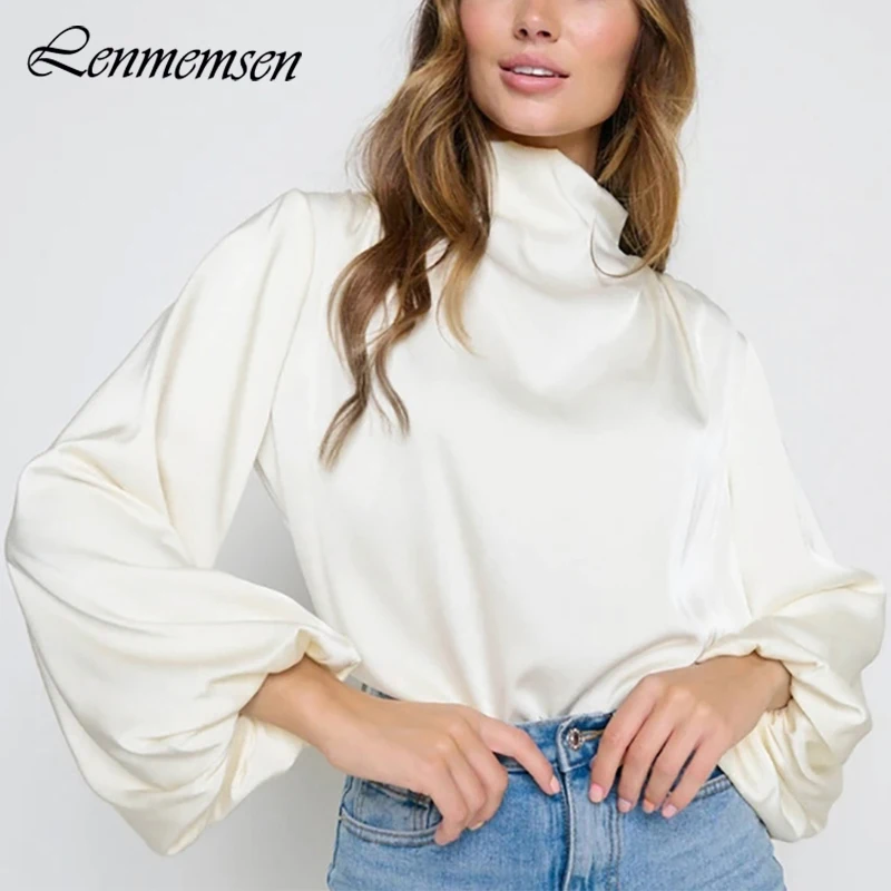 

Lenmemsen Elegant Satin Blouse Women Summer Casual Turtleneck Long Sleeve Solid Shirt Female Simple All-match Pullover Shirt Top
