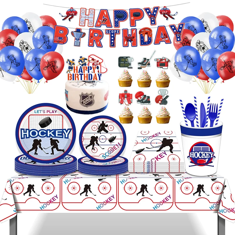 Ice Field Hockey Party Disposable Tableware Paper Plates Cups Balloons Banner Bunting Flag Kids Baby Shower Birthday Party Decor