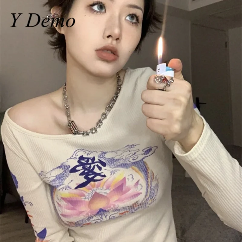 

Y Demo Summer Long Sleeve Chinese Love Printing Long Sleeve O-neck Women's Y2k T-shirt 2022 Summer Alternative
