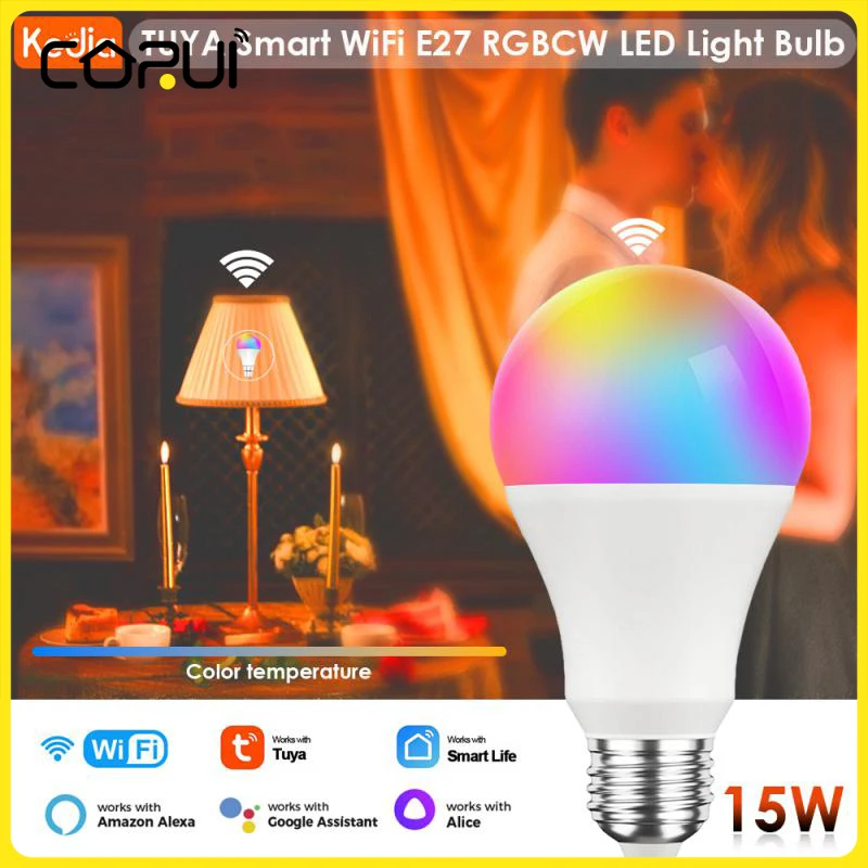 TUYA E27/B22 Smart LED Light Bulb RGB+C+W 15W 9W Lamp WiFi Smart Lightbulbs Support Alexa Google Home Yandex Alice Dimmable Bulb