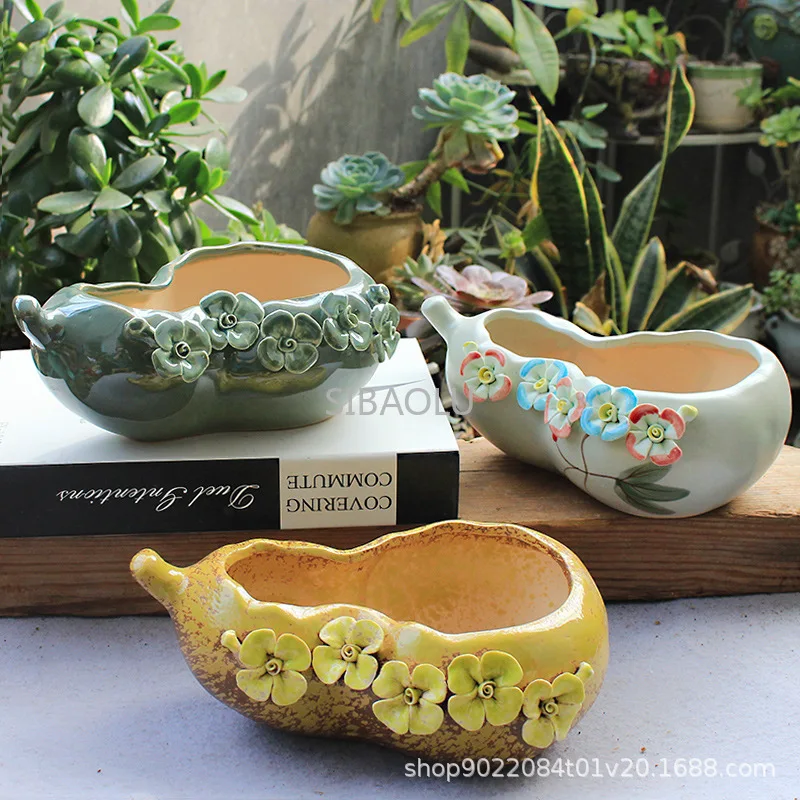 

Ceramic Hand-painted Succulent Large Flower Pot Breathable Rough Pottery Cute Gourd Plant Potted Interior Decoration Pot