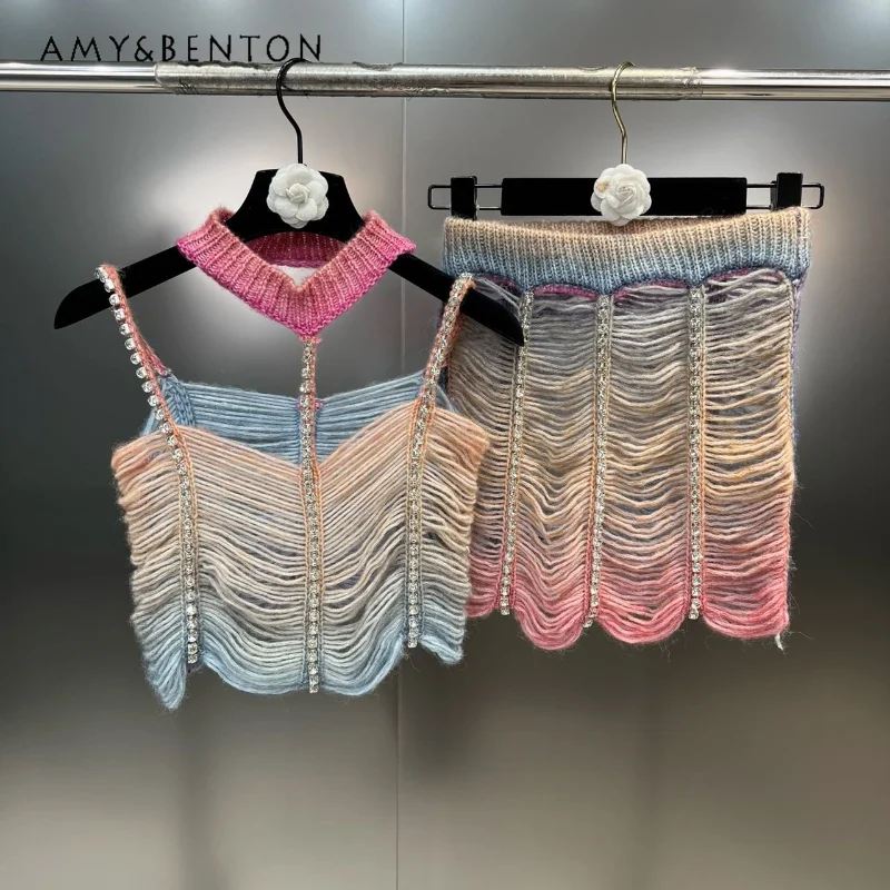 Women's Summer 2023 Skirt 2 Piece Sets Collar Diamond Strap Hollow Out Seven-Color String Short Vest With Skirt Woolen Yarn Set