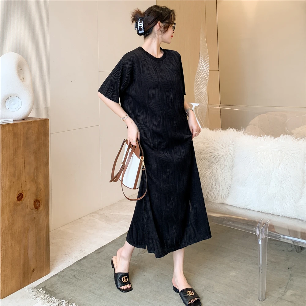 

Женское платье-рубашка с коротким рукавом, повседневное Черное длинное платье в Корейском стиле, одежда больших размеров, лето 2023