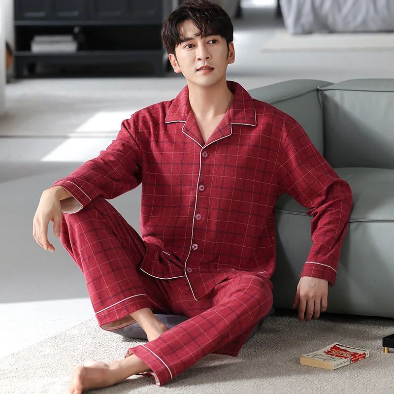 Men's Home Suits Long-sleeved Trousers Suits for Spring and Autumn Pijamas for Men Cotton Plaid Design Pajamas for Men
