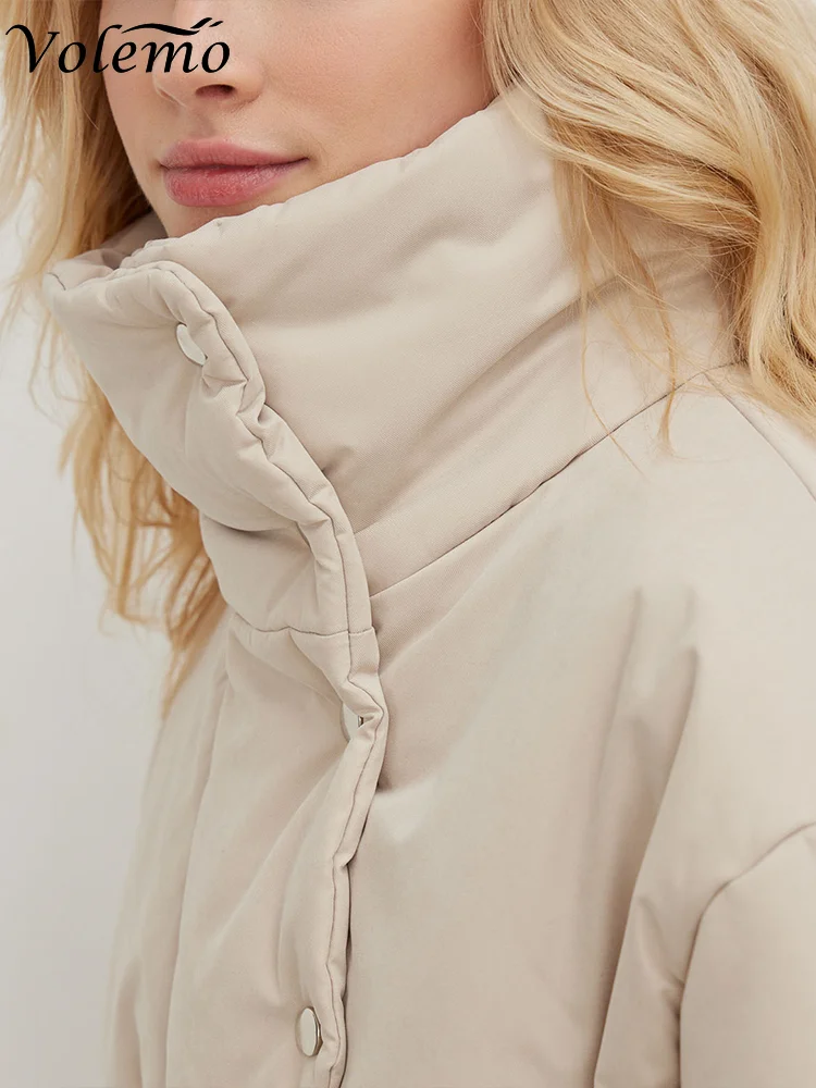 Volemo 2022 Quilted Jacket Women Winter Loose Parkas Coat Vintage Belted Outwear Office Ladies Warm Cotton Puffer Jackets Tops