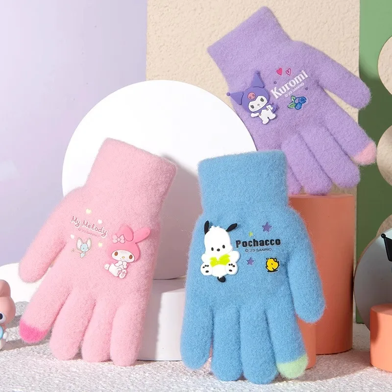 Kawaii Sanrio перчатки Kuromi My Melody морозостойкие зимние на пальцы плюшевый сенсорный