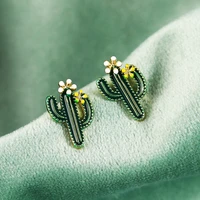 green cactus grey leaf stud earrings creative retro simple alloy plant dripping oil earrings for women earrings jewelry gifts