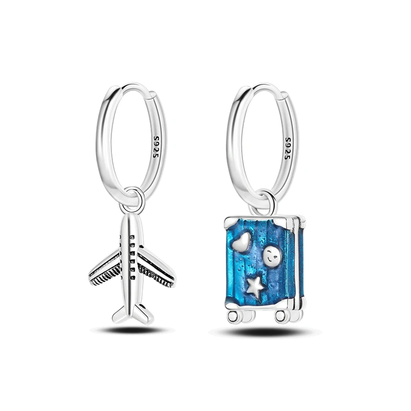 

Silver 925 Airplane & Suitcase Asymmetrical Drop Earrings Original Design Jewelry For Women Dangle Earrings pendientes mujer