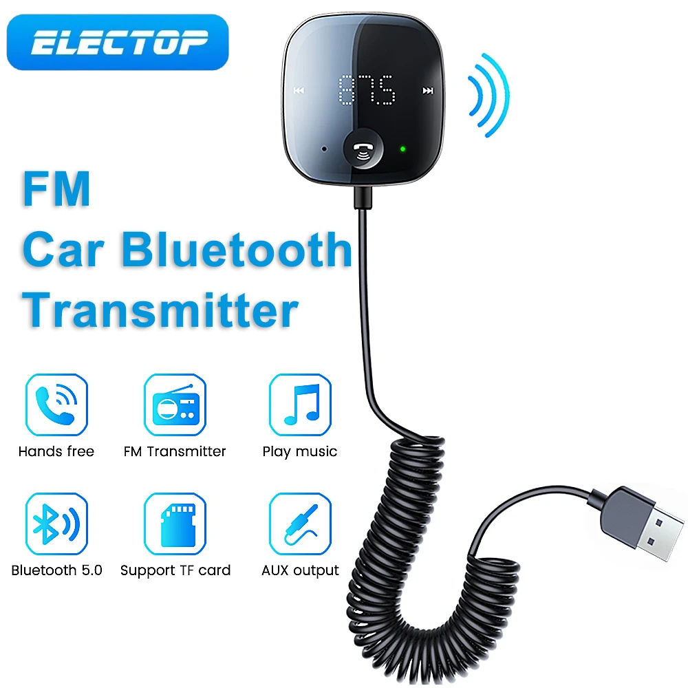 

ELECTOP FM Car Bluetooth 5.0 Transmitter Adapter Audio MP3 Player Car Hands free AUX Support TF Card Playback FM Transmitter