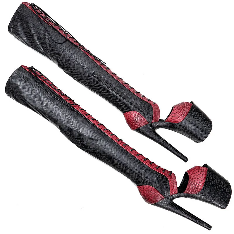 Leecabe 20CM/8Inch Snake PU UPPER  black with red color  Platform disco party High Heels Shoes Pole Dance boot