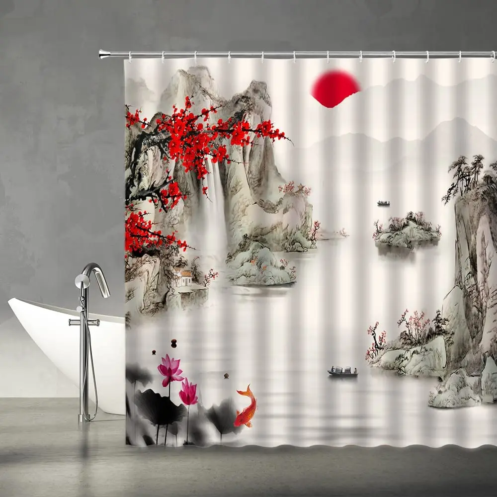 

Ink Painting Scape Shower Curtain Red Plum Bossom Branch Sun Mountain Koi Fish Fabric Bath Curtains Bathroom Decor with Hooks