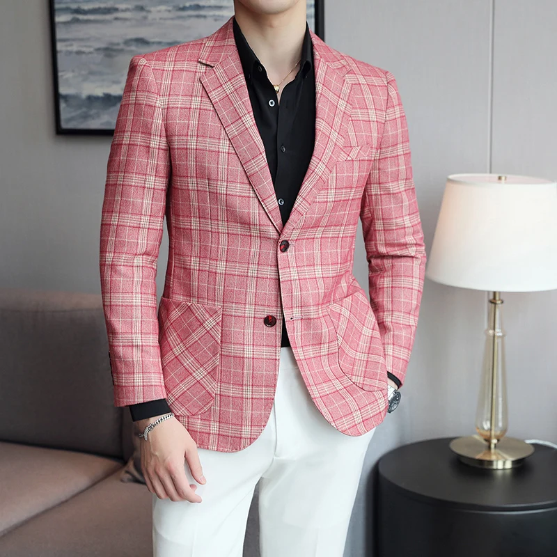 

Мужской повседневный клетчатый пиджак, Корейская версия, облегающий костюм, Лидер продаж, деловой пиджак с длинными рукавами, хлопковые бле...