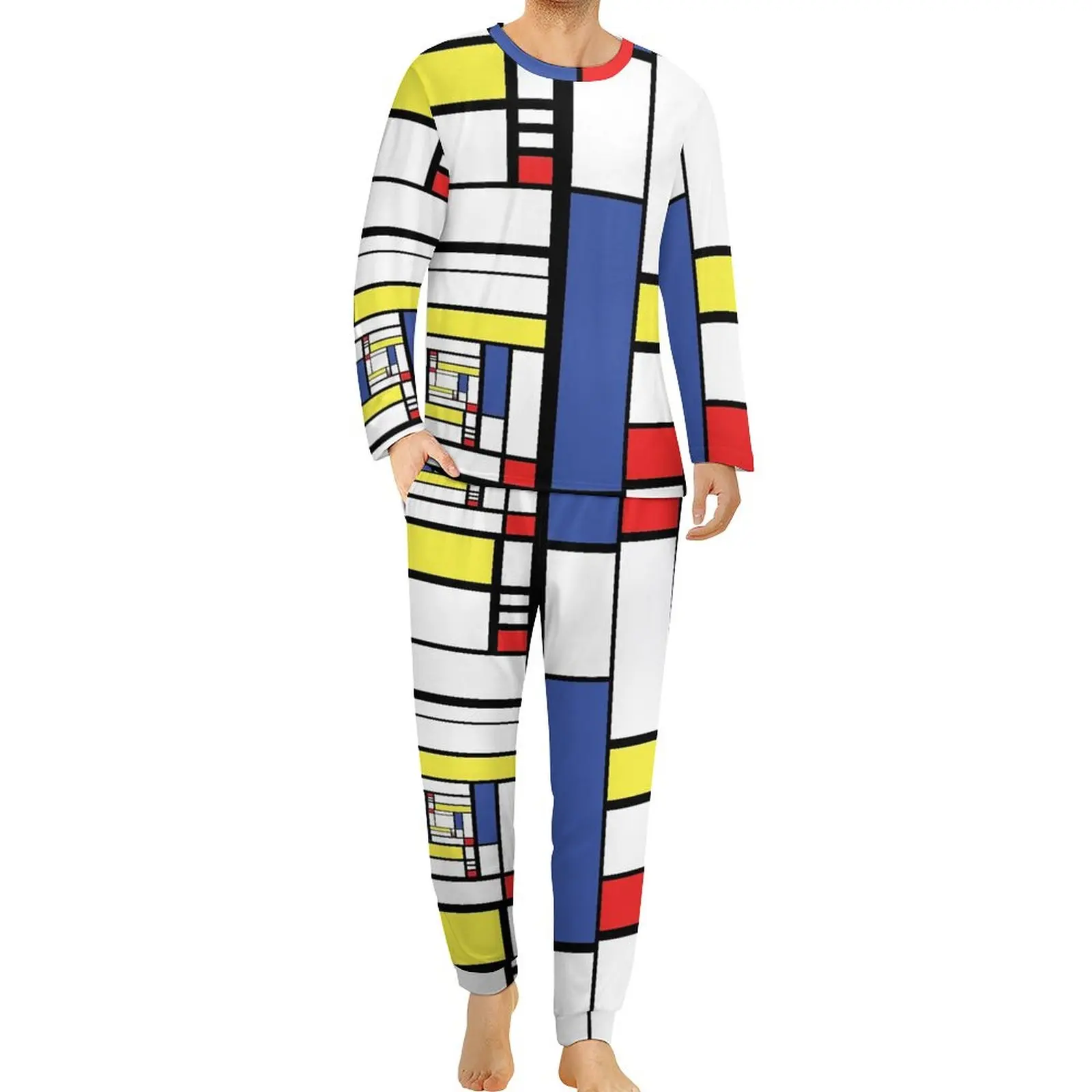 

De Stijl Pajamas Autumn Geometric Print Leisure Nightwear Men 2 Pieces Pattern Long Sleeve Romantic Oversized Pajamas Set