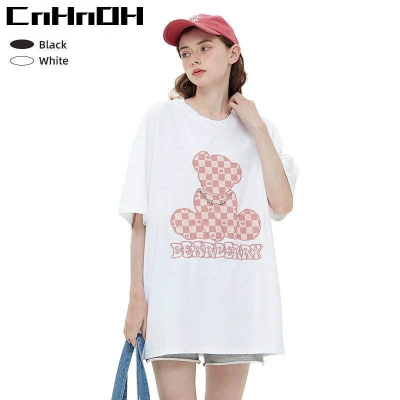 Japanese Harajuku Style Bear Checkerboard Print Half-sleeved Tee Sweet and Cool Street Couple Short-sleeved Top