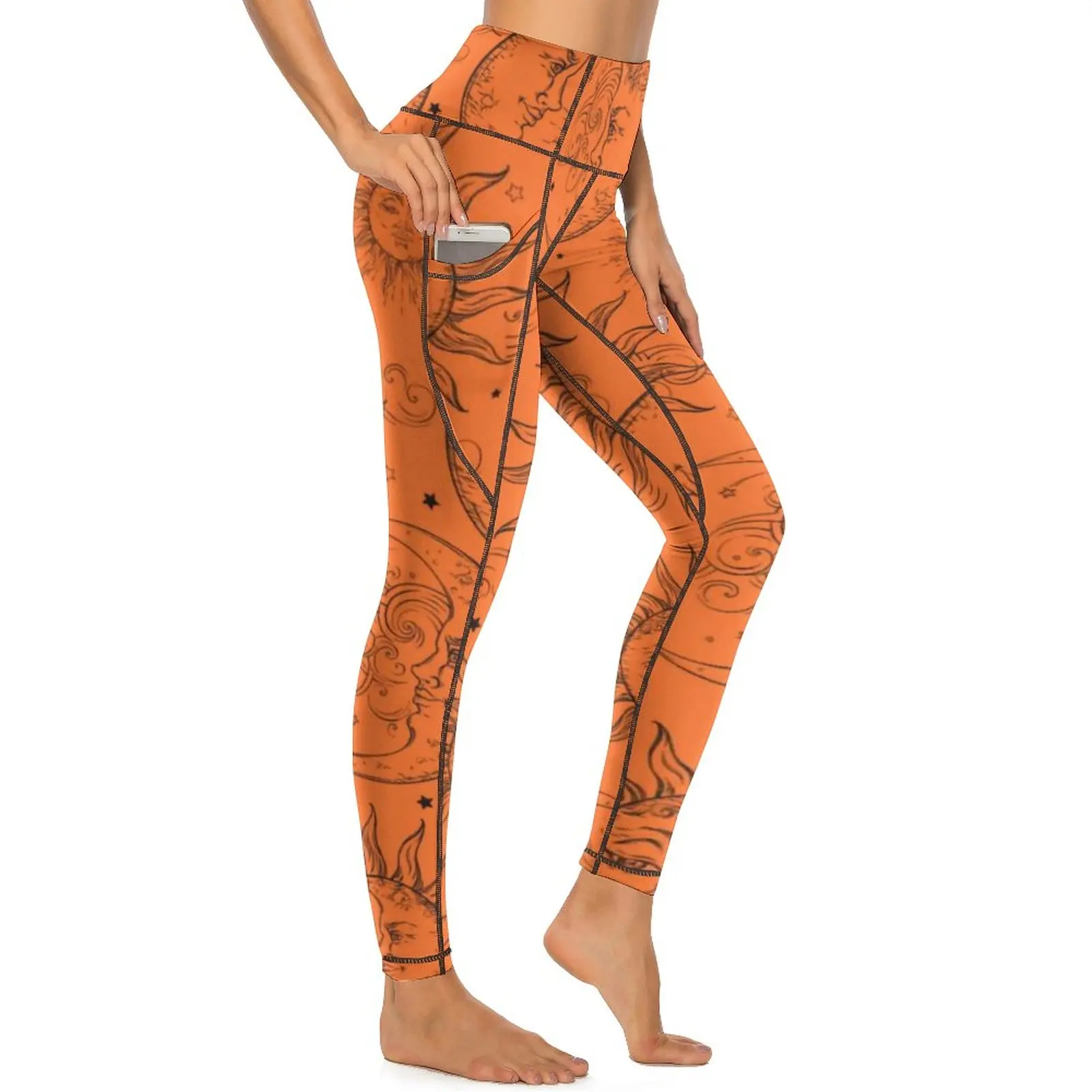 

Винтажные брюки для йоги с изображением солнца Луны звезд оранжевые Волшебные небесные Леггинсы пуш-ап элегантные спортивные колготки для ...